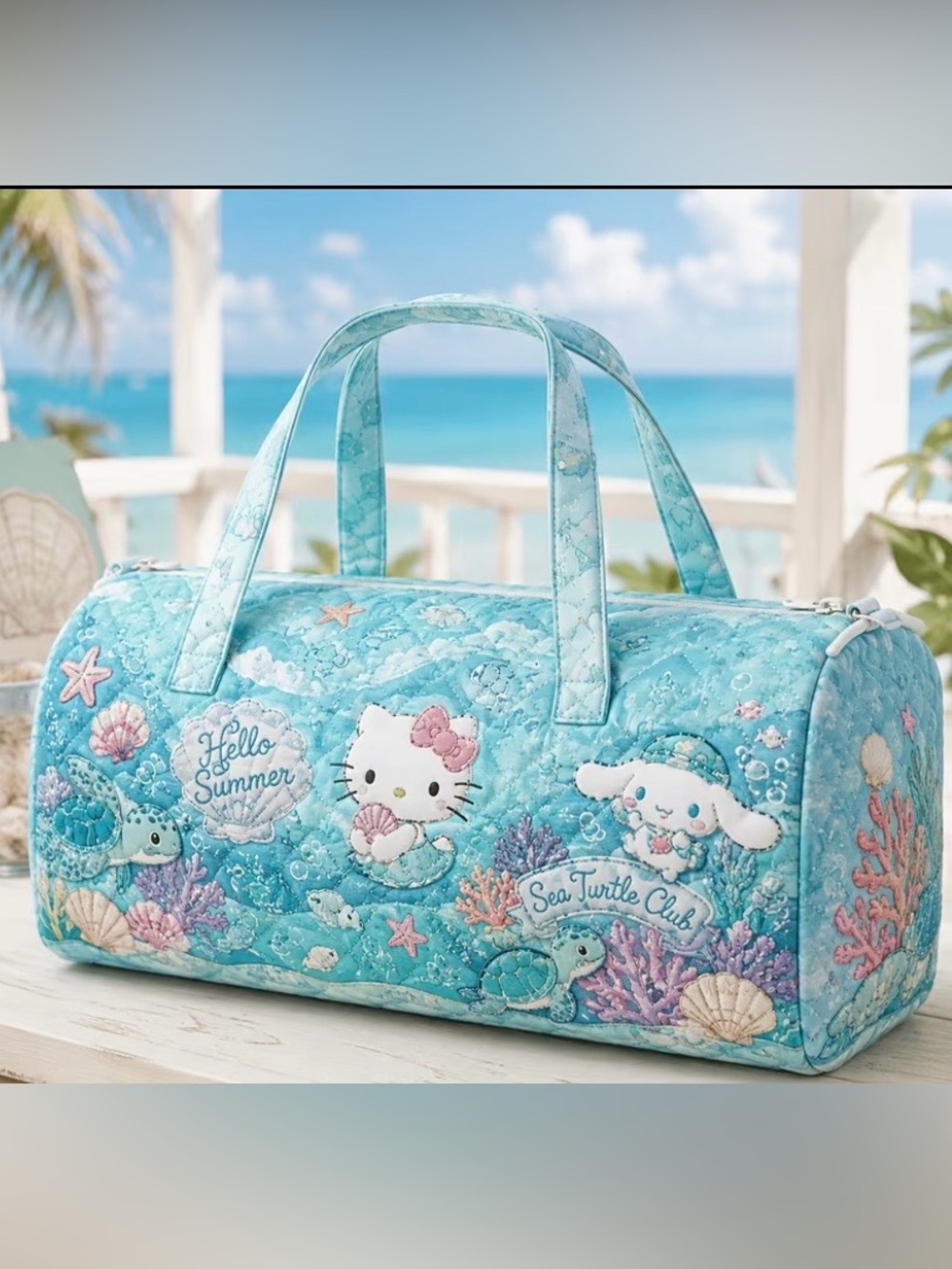 Sanrio Hello Kitty Sea Turtle Club Aqua Quilted Travel Duffle